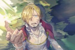 Rule 34 | 1boy, blonde hair, blood, blood on face, blue eyes, bracelet, cape, crying, curly eyebrows, facial hair, hair over one eye, jewelry, looking up, male focus, official alternate costume, one piece, open mouth, red cape, sanji (one piece), shirt, short hair, teeth, tobu (bilibil), wet, wet clothes, wet shirt, white shirt