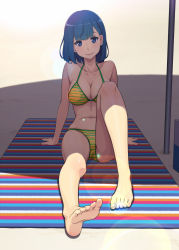 Rule 34 | 1girl, arm support, barefoot, beach towel, bikini, blue eyes, blue hair, blush, breasts, cleavage, collarbone, feet, fool (17648941), fool (fuckinfool), halterneck, highres, knee up, large breasts, legs, lens flare, looking at viewer, matching hair/eyes, navel, original, shade, sitting, smile, soles, solo, striped bikini, striped clothes, swimsuit, toes, towel, yellow bikini