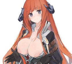 Rule 34 | 1girl, arknights, bagpipe (arknights), black eyes, black gloves, black jacket, blush, breasts, closed mouth, collared shirt, commentary, dragon horns, gloves, highres, horns, inverted nipples, jacket, large breasts, long hair, looking at viewer, mikozin, nipples, no bra, open clothes, open jacket, open shirt, orange hair, shirt, simple background, smile, solo, straight hair, strap, upper body, white background, white shirt
