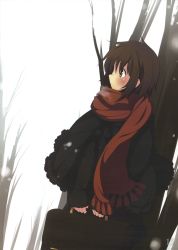 Rule 34 | 10s, 1girl, absurdres, bag, bare tree, blush, briefcase, brown hair, capelet, furutaka (kancolle), gradient background, highres, holding, kantai collection, long sleeves, official art, outdoors, profile, red scarf, scan, scarf, short hair, sky, snowing, solo, tree, ugume, white sky, winter, winter clothes, yellow eyes