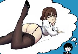 Rule 34 | 1boy, 1girl, :3, amamiya ren, ass, blood, brown hair, feet, garter straps, high heels, huge ass, lingerie, niijima makoto, nosebleed, persona, persona 5, plow (witch parfait), red eyes, thick thighs, thighhighs, thighs, thought bubble, underwear
