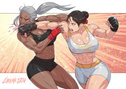 Rule 34 | 2024, 2girls, abs, absurdres, artist name, bare shoulders, black gloves, black hair, blood, blood from mouth, blood on teeth, brand name imitation, breasts, brown eyes, capcom, catfight, character request, check character, check copyright, chun-li, cirenk, clenched hand, clenched teeth, closed eyes, collarbone, commentary, commission, copyright request, crop top, crossover, dark-skinned female, dark skin, english commentary, face punch, fingerless gloves, gloves, grey hair, gyeoggi 3 ban, hair bun, highres, in the face, large breasts, maria dacascos, midriff, multiple girls, muscular, muscular female, navel, ponytail, punching, red gloves, shorts, standing, street fighter, taut clothes, teeth, thick thighs, thighs