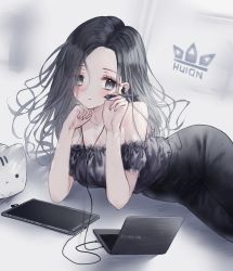 Rule 34 | 1girl, absurdres, animal, bare shoulders, black hair, black pants, black shirt, blush, breasts, cat, censored, cleavage, collarbone, computer, drawing tablet, earbuds, earphones, forehead, grey eyes, grey nails, hands up, highres, holding, holding stylus, huion, laptop, long hair, looking at viewer, medium breasts, mosaic censoring, nail polish, original, pants, parted bangs, parted lips, puffy short sleeves, puffy sleeves, shirt, short sleeves, solo, strapless, stylus, tandohark