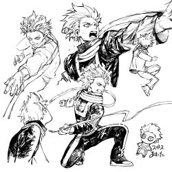 Rule 34 | 1boy, :o, bags under eyes, boku no hero academia, chibi, clenched teeth, engawaji, fighting stance, greyscale, highres, long sleeves, male focus, monochrome, multiple views, on one knee, outstretched hand, scarf, shinsou hitoshi, simple background, spiked hair, teeth, u.a. gym uniform, upper body, white background