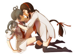 Rule 34 | 2girls, bad id, bad pixiv id, black legwear, blush, braid, brown hair, choker, face-to-face, girl on top, grey hair, hair ribbon, imminent kiss, long hair, low twintails, luo tianyi, multiple girls, necktie, no pants, puffy sleeves, ribbon, shirt, simple background, single braid, sitting, thighhighs, twintails, very long hair, vocaloid, white background, xingbai xian, yuezheng ling, yuri