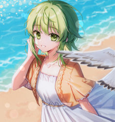 Rule 34 | 1girl, beach, bird, blurry, blurry foreground, commentary, dress, green eyes, green hair, grin, gumi, hand in own hair, hand up, highres, jacket, lens flare, looking at viewer, necklace, ocean, orange jacket, seagull, seashell, shell, shell necklace, short hair with long locks, short sleeves, sidelocks, smile, solo, upper body, vocaloid, white dress, zhi (yammycheese)