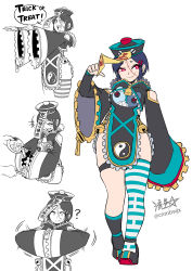 Rule 34 | +++, 1girl, ?, bell, bowl, breasts, candy, chinese clothes, commentary request, english text, food, full body, halloween, hat, hat ornament, highres, holding, holding bowl, jiangshi, jiangshi costume, multiple views, ofuda, original, outstretched arms, pelvic curtain, qingdai guanmao, ryuusei (mark ii), sharp teeth, short hair, signature, single thighhigh, skindentation, smile, stitched face, stitches, striped clothes, striped thighhighs, talisman, tangzhuang, teeth, thighhighs, trapped, trick or treat, undead, wide sleeves, yin yang, zipper, zipper pull tab, zipping, zombie, zombie pose