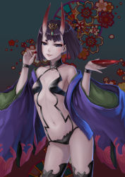 Rule 34 | 1girl, :d, absurdres, alcohol, bikini, black bikini, black eyes, black hair, cherry, cup, fate/grand order, fate (series), food, fruit, fuuko chan, hair ornament, highres, holding, horns, looking at viewer, navel, open mouth, parted lips, sakazuki, sake, shuten douji (fate), shuten douji (first ascension) (fate), skin-covered horns, smile, solo, swimsuit