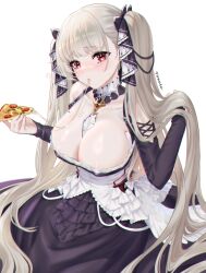 Rule 34 | 1girl, absurdly long hair, areola slip, azur lane, bare shoulders, between breasts, black dress, black ribbon, breasts, cheese trail, cleavage, detached collar, dress, earrings, eating, food, formidable (azur lane), frilled dress, frills, grey hair, hair ribbon, holding, holding food, holding pizza, huge breasts, jewelry, long hair, looking at viewer, necktie, necktie between breasts, pizza, pizza slice, red eyes, ribbon, simple background, solo, toccic, twintails, two-tone dress, two-tone ribbon, very long hair, white background, white dress, white ribbon