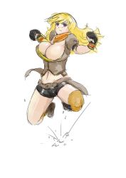 Rule 34 | 1girl, blonde hair, breasts, highres, image sample, jumping, large breasts, pixiv sample, resized, rwby, simple background, white background, yang xiao long