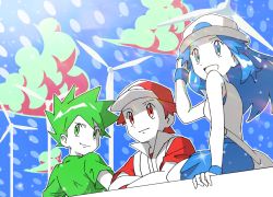 Rule 34 | 1girl, 2boys, :d, alternate color, arm support, baseball cap, blue eyes, blue hair, blue oak, blue skirt, closed mouth, commentary request, creatures (company), eyelashes, game freak, green eyes, green hair, green shirt, hat, highres, hungry seishin, jacket, leaf (pokemon), long hair, looking back, multiple boys, nintendo, open mouth, outdoors, pokemon, pokemon frlg, red (pokemon), red eyes, red hair, red headwear, shirt, short hair, short sleeves, sitting, skirt, sleeveless, sleeveless shirt, smile, spiked hair, tongue, white headwear, white shirt, wind turbine, windmill, wristband