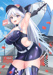 Rule 34 | 1girl, absurdres, armpits, azur lane, bouhuuu, breasts, clothing cutout, commentary request, enterprise (azur lane), enterprise (wind catcher) (azur lane), grey hair, highres, large breasts, long hair, official alternate costume, open mouth, presenting armpit, purple eyes, race queen, side cutout, sunglasses, teeth, umbrella, upper teeth only