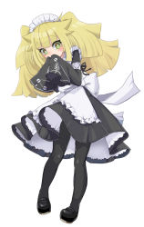 Rule 34 | 1boy, apron, bad id, bad pixiv id, big hair, black dress, black footwear, black pantyhose, blonde hair, blush, covering own mouth, crossdressing, dress, green eyes, highres, loafers, long hair, long sleeves, looking at viewer, maid, maid apron, maid headdress, male focus, nikubou maranoshin, pantyhose, petticoat, shoes, simple background, sleeves past fingers, sleeves past wrists, solo, trap, twintails, ukagaka, viola (ukagaka), white apron, white background