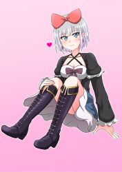 Rule 34 | 1girl, aqua eyes, boots, copyright request, esupe, full body, highres, knee boots, original, pink background, short hair, silver hair, thigh boots, thighhighs, virtual youtuber