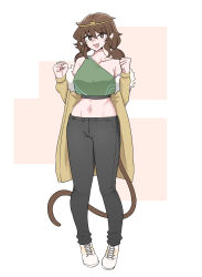 Rule 34 | 1girl, alternate costume, bare shoulders, black pants, breasts, brown eyes, brown hair, circlet, full body, green shirt, hair between eyes, highres, jacket, long sleeves, looking at viewer, mata (matasoup), medium breasts, medium hair, midriff, navel, off shoulder, open clothes, open jacket, open mouth, pants, shirt, shoes, simple background, single-shoulder shirt, single bare shoulder, smile, sneakers, solo, son biten, standing, stomach, tail, touhou, twintails, white background, yellow jacket