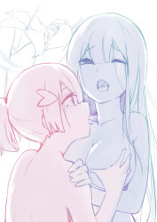 Rule 34 | 10s, 2girls, absurdres, grabbing another&#039;s breast, breasts, cleavage, collarbone, flower, grabbing, hair between eyes, hair ornament, hand on another&#039;s shoulder, highres, large breasts, licking, lily (flower), looking at another, maao you you, monochrome, multiple girls, one eye closed, open mouth, partially colored, ponytail, profile, short ponytail, sketch, tongue, tongue out, tougou mimori, upper body, yuri, yuuki yuuna, yuuki yuuna wa yuusha de aru, yuusha de aru