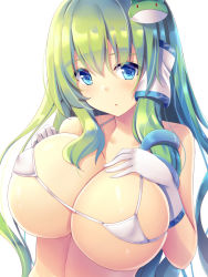 Rule 34 | 1girl, :o, bare arms, bare shoulders, bikini, bikini top only, blue eyes, breasts, chestnut mouth, cleavage, collarbone, commentary request, elbow gloves, eyelashes, frog hair ornament, gloves, green hair, hair between eyes, hair ornament, hair tubes, hands on own chest, hands up, highres, kochiya sanae, large breasts, liya, long hair, looking at viewer, micro bikini, micro bikini top, open mouth, shiny skin, simple background, skindentation, snake hair ornament, solo, strap gap, string bikini, swimsuit, touhou, underboob, upper body, white background, white gloves
