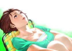 1girl bad_id bad_pixiv_id breasts brown_eyes brown_hair collarbone female_focus gradient_background hanamura hugging_own_legs lips looking_up original short_hair sitting solo white_background