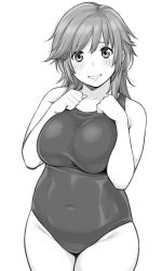 Rule 34 | 1girl, amagami, breasts, covered navel, cowboy shot, greyscale, hand on own chest, large breasts, looking at viewer, monochrome, one-piece swimsuit, parted lips, plump, sakurai rihoko, short hair, shouji nigou, simple background, solo, swimsuit, wide hips