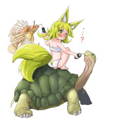 Rule 34 | ..., ...?, 1girl, ?, @ @, absurdres, animal ears, animal print, back, bad id, bad twitter id, bare legs, bare shoulders, barefoot, blonde hair, blunt bangs, blush, closed mouth, doitsuken, drinking, drinking straw, embarrassed, fang, fang out, fangs, fangs out, fish, fox child (doitsuken), fox ears, fox tail, full-face blush, galapagos tortoise, highres, holding, looking at viewer, monster energy, multiple tails, original, panties, print panties, sarashi, short eyebrows, simple background, solo, squatting, sweatdrop, tail, thick eyebrows, tortoise, turtle, two tails, underwear, white background, white panties, yellow eyes