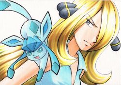 Rule 34 | 1girl, blonde hair, blue shirt, closed mouth, collarbone, collared shirt, commentary request, creatures (company), cynthia (pokemon), eyelashes, frown, game freak, gen 4 pokemon, glaceon, grey eyes, hair ornament, hair over one eye, highres, long hair, looking to the side, nintendo, oka mochi, pokemon, pokemon (anime), pokemon (creature), pokemon bw (anime), shirt, sleeveless, sleeveless shirt, traditional media, white background