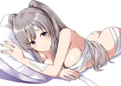 Rule 34 | 1girl, ass, bandages, blush, breasts, butt crack, commentary request, grey hair, idolmaster, idolmaster shiny colors, kamelie, long hair, looking at viewer, lying, medium breasts, naked bandage, on stomach, pillow, purple eyes, sarashi, simple background, smile, solo, twintails, white background, yukoku kiriko