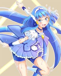Rule 34 | 1girl, aoki reika, bike shorts, blue eyes, blue hair, blue shorts, blue skirt, blunt bangs, boots, bruise, bruise on face, choker, cure beauty, floating hair, frilled skirt, frills, injury, kaatsu katsurou, knee boots, long hair, looking at viewer, miniskirt, open mouth, outstretched arm, pleated skirt, precure, short shorts, short sleeves, shorts, shorts under skirt, skirt, smile precure!, solo, standing, standing on one leg, sweat, v-shaped eyebrows, very long hair, white footwear