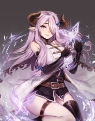 Rule 34 | 1girl, artist name, bare shoulders, belt, black gloves, black thighhighs, blue eyes, bug, butterfly, commentary, elbow gloves, english commentary, fingerless gloves, gloves, granblue fantasy, hair ornament, hair over one eye, hairclip, horns, insect, long hair, looking at viewer, narmaya (granblue fantasy), pointy ears, purple hair, single thighhigh, smile, solo, terupancake, thigh strap, thighhighs, twitter username