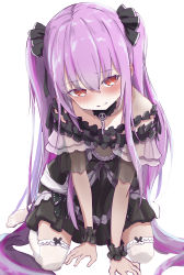 Rule 34 | 1girl, absurdres, arm support, bare shoulders, black dress, blush, brooch, closed mouth, collarbone, detached collar, dress, frilled dress, frilled straps, frilled thighhighs, frills, gothic lolita, highres, hololive, jewelry, kneeling, lolita fashion, long hair, looking at viewer, no shoes, off-shoulder dress, off shoulder, pink hair, red eyes, see-through, see-through sleeves, short dress, short sleeves, sidelocks, simple background, sleeve cuffs, slit pupils, smile, solo, thighhighs, two side up, uruha rushia, uruha rushia (3rd costume), virtual youtuber, white background, white thighhighs, wristband, yakurope-moko