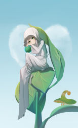 Rule 34 | 1girl, absurdres, blue sky, blush, closed mouth, cloud, commentary request, cross-shaped pupils, day, eyebrows hidden by hair, fungi (genshin impact), genshin impact, green eyes, grey hair, hair between eyes, head tilt, heart, highres, hood, hood up, hooded robe, knee up, long hair, long sleeves, looking at viewer, nahida (genshin impact), orb, outdoors, qixia, robe, sitting, sky, smile, solo focus, symbol-shaped pupils, very long hair, white robe, wide sleeves