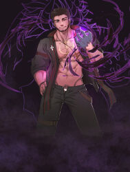 Rule 34 | 1boy, abs, aura, avenger (dungeon and fighter), bara, bare pectorals, beard, black hair, black male underwear, bulge, character request, check character, cross, cross necklace, dark-skinned male, dark aura, dark skin, dungeon and fighter, facial hair, feet out of frame, gradient skin, highres, jewelry, kulolin, looking at viewer, male focus, male priest (dungeon and fighter), male underwear, male underwear peek, mature male, muscular, muscular male, navel, necklace, nipples, open clothes, open fly, open shirt, pectorals, powering up, priest (dungeon and fighter), pubic hair, pubic hair peek, red eyes, short hair, solo, standing, stomach, underwear