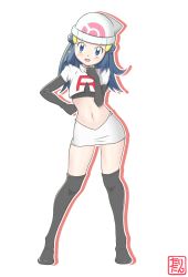 Rule 34 | 1girl, absurdres, alternate costume, beanie, black gloves, black thighhighs, blue eyes, blue hair, blush, character cutout, cosplay, creatures (company), dawn (pokemon), elbow gloves, female focus, full body, game freak, gloves, hair ornament, hairclip, hand on own hip, hand up, hat, head tilt, highres, jessie (pokemon) (cosplay), legs apart, long hair, looking at viewer, matching hair/eyes, miniskirt, navel, nintendo, open mouth, outline, pencil skirt, poke ball symbol, pokemon, pokemon (anime), pokemon dppt, pokemon dppt (anime), short sleeves, simple background, skirt, smile, solo, standing, stomach, tax2rin, team rocket, team rocket (cosplay), team rocket uniform, text focus, thighhighs, translation request, white background, white hat, white skirt, zettai ryouiki