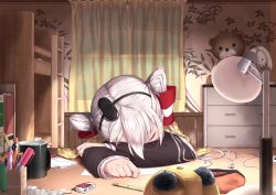 Rule 34 | 1girl, amatsukaze (kancolle), arm pillow, artist request, bed, blanket, bunk bed, covered face, cup, curtains, desk, earbuds, earphones, eraser, closed eyes, hair tubes, hat, head rest, kantai collection, lamp, long hair, long sleeves, mini hat, mug, on desk, one eye covered, pen, pencil, scissors, silver hair, sitting, sleeping, solo, stuffed animal, stuffed rabbit, stuffed toy, teddy bear, twintails, window