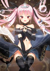 Rule 34 | 1girl, bare shoulders, black panties, black ribbon, black shirt, black skirt, black thighhighs, book, breasts, bubble, clothes theft, collar, collarbone, commentary request, covering privates, covering crotch, detached sleeves, fangs, frilled collar, frills, hair ribbon, kurotobi rarumu, long hair, long sleeves, looking at viewer, medium breasts, mouth hold, no panties, open book, open mouth, original, panties, unworn panties, pink hair, red eyes, ribbon, shirt, side-tie panties, skirt, sleeves past wrists, solo, tears, theft, thighhighs, tiara, torn clothes, torn shirt, tsurime, twintails, underwear, underwear theft, untied panties, very long hair
