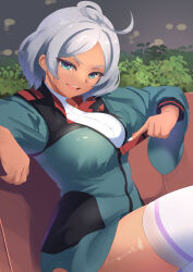 Rule 34 | 1girl, absurdres, ahoge, asticassia school uniform, blue eyes, breasts, butter curry, couch, dark-skinned female, dark skin, gundam, gundam suisei no majo, highres, large breasts, on couch, partially unzipped, school uniform, secelia dote, sitting, thighhighs, undershirt, unzipping, white hair, white nails