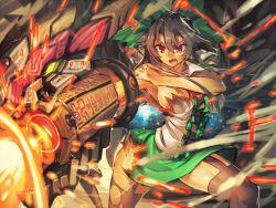 Rule 34 | 1girl, alternate weapon, arm cannon, black hair, bow, breasts, firing, garter straps, glowing, hair bow, large breasts, melon22, open mouth, red eyes, reiuji utsuho, shirt, skirt, solo, thighhighs, third eye, torn clothes, torn shirt, torn skirt, torn thighhighs, touhou, weapon, zettai ryouiki
