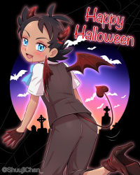 Rule 34 | 1boy, :d, blood, blood on face, blue eyes, blush, brown footwear, brown gloves, brown pants, brown vest, commentary, creatures (company), eyelashes, fang, game freak, gloves, goh (pokemon), halloween, happy halloween, high heels, highres, horns, leg up, looking back, male focus, nintendo, open mouth, pants, pokemon, pokemon (anime), pokemon journeys, sara bon, silk, smile, solo, spider web, tail, tongue, vest, wings
