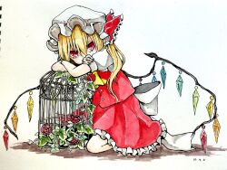 Rule 34 | 1girl, ascot, back bow, birdcage, blonde hair, bow, cage, covering own mouth, crossed arms, crystal, dated, flandre scarlet, flower, frilled skirt, frills, hair between eyes, hat, hat ribbon, highres, kneeling, large bow, leaf, leaning on object, long hair, looking at viewer, miyangoroge, mob cap, multicolored wings, painting (medium), puffy short sleeves, puffy sleeves, red eyes, red flower, red ribbon, red rose, red skirt, red vest, ribbon, rose, shirt, short sleeves, skirt, skirt set, solo, touhou, traditional media, vest, watercolor (medium), white bow, white hat, white shirt, wings, yellow ascot
