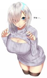 Rule 34 | 1girl, alternate costume, blue eyes, breasts, brown thighhighs, cleavage, cleavage cutout, clothing cutout, commentary request, cowboy shot, dress, eyebrows, eyes visible through hair, fingernails, grey sweater, hair between eyes, hair ornament, hair over one eye, hairclip, hamakaze (kancolle), hands up, kantai collection, large breasts, legs together, long fingernails, long sleeves, looking at viewer, meme attire, onineko-chan, open-chest sweater, open mouth, ribbed sweater, short hair, silver hair, simple background, skindentation, solo, standing, sweater, sweater dress, teeth, thighhighs, turtleneck, white background