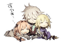 1girl 2boys armored_boots astolfo_(fate) black_bow black_jacket black_pants black_thighhighs blonde_hair blue_dress boots bow braid breasts cape chibi chibi_only closed_eyes dress fang fate/apocrypha fate_(series) full_body fur-trimmed_cape fur_trim grey_hair hair_between_eyes hair_bow hair_intakes jacket jeanne_d&#039;arc_(fate) light_blush long_braid long_hair lying medium_breasts multiple_boys open_clothes open_jacket open_mouth pants pink_hair scar scar_on_chest siegfried_(fate) simple_background single_braid sitting sleeping spiked_hair squeans takasaki_(rock_rock) thighhighs twitter_username very_long_hair white_background white_cape white_hair