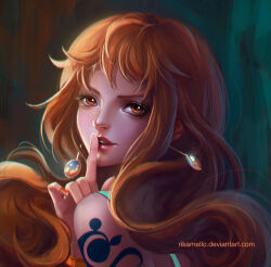 Rule 34 | 1girl, arm tattoo, artist name, bare shoulders, commentary, deviantart username, earrings, english commentary, highres, index finger raised, jewelry, long hair, looking at viewer, nami (one piece), one piece, open mouth, orange eyes, orange hair, realistic, rikamello, smile, solo, tattoo, watermark, web address