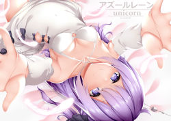 Rule 34 | 1girl, absurdres, ahoge, azur lane, bare shoulders, bed sheet, breasts, character name, cleavage, commentary request, detached sleeves, dress, hair bun, hair ribbon, highres, kana616, long hair, looking at viewer, lying, medium breasts, on back, one side up, perspective, purple eyes, purple hair, reaching, reaching towards viewer, ribbon, side bun, single hair bun, single side bun, smile, solo, spanish commentary, spanish text, unicorn (azur lane), white dress