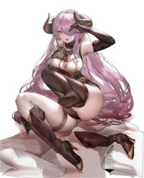 Rule 34 | 1girl, absurdres, blue eyes, blush, boots, breasts, cleavage, feet, granblue fantasy, hair over one eye, highres, horns, large breasts, long hair, looking at viewer, narmaya (granblue fantasy), open mouth, pink hair, pointy ears, see-through, see-through legwear, shoes, unworn shoes, soles, toes