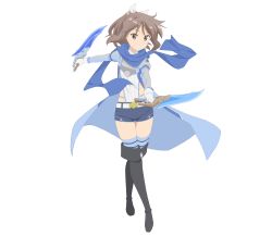 Rule 34 | 1girl, aqua cape, artist request, black footwear, blue cape, blue scarf, blue shorts, blue thighhighs, boots, brown eyes, brown hair, cape, commentary request, crossed legs, dual wielding, full body, grin, hair ribbon, highres, holding, holding weapon, itai no wa iya nano de bougyoryoku ni kyokufuri shitai to omoimasu, knee boots, long hair, long scarf, looking at viewer, official art, outstretched arms, ribbon, sally (bofuri), scarf, short sword, shorts, smile, solo, standing, sword, thighhighs, transparent background, weapon, white ribbon