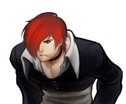 Rule 34 | 1boy, choker, erraday, hair over one eye, jacket, male focus, pectoral cleavage, pectorals, red eyes, red hair, shirt, short hair, snk, solo, the king of fighters, yagami iori