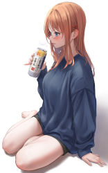 Rule 34 | 1girl, absurdres, alcohol, arm at side, bare legs, barefoot, beer can, black shorts, blue eyes, blue shirt, blush, breasts, breath, can, drink can, drunk, ear blush, eyelashes, from side, full body, glasses, hair behind ear, hair ornament, hairclip, hand up, highres, holding, holding can, large breasts, long hair, long sleeves, looking away, orange hair, original, parted lips, pinky out, round eyewear, sake, shirt, short shorts, shorts, sitting, sleeves past wrists, smile, solo, sweater, white background, yokozuwari, yukimaru ai