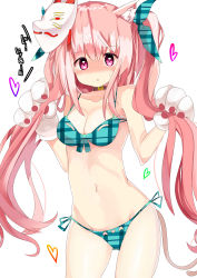 Rule 34 | 1girl, absurdres, alternate hairstyle, animal ears, animal hands, bare arms, bikini, blue bikini, blue ribbon, blush, bow, bow bikini, breasts, cat ears, cat tail, cleavage, collar, cowboy shot, gloves, hair ribbon, hata no kokoro, heart, highres, holding, holding own hair, kemonomimi mode, long hair, looking at viewer, mask, mask on head, medium breasts, navel, nose blush, paw gloves, pink eyes, pink hair, plaid, plaid bikini, plaid ribbon, ribbon, side-tie bikini bottom, sidelocks, solo, stomach, sweat, swimsuit, tail, te toga, tears, touhou, twintails, unmoving pattern, very long hair, white background