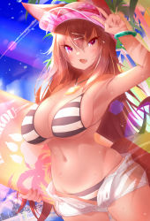 Rule 34 | 1girl, :3, animal ears, arm up, bikini, breasts, brown hair, cleavage, commentary request, cowboy shot, fang, highres, imaizumi kagerou, koha, large breasts, long hair, looking at viewer, navel, open fly, open mouth, outdoors, pink eyes, short shorts, shorts, smile, solo, stomach, string bikini, striped bikini, striped clothes, surfboard, swimsuit, tail, touhou, v, visor cap, wet, white shorts, wolf ears, wolf tail