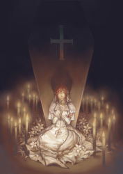 Rule 34 | 00s, 1girl, absurdres, ahoge, candle, closed eyes, cross, esther blanchett, flower, gradient background, highres, lily (flower), red hair, solo, spade-m, trinity blood