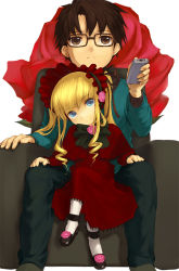 Rule 34 | 00s, 1boy, 1girl, black-framed eyewear, blonde hair, blue eyes, bonnet, controller, doll, drill hair, glasses, height difference, long sleeves, looking at viewer, negy, pants, remote control, rozen maiden, sakurada jun, shinku, sidelocks, simple background, sweater, twin drills, twintails, white background